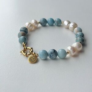 Larimar & Freshwater Pearl Bracelet 14K Gold Filled Beads | Handmade Jewelry